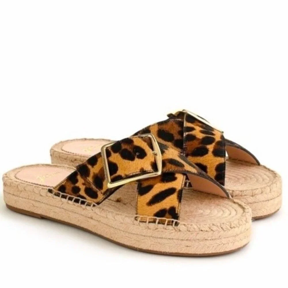 J. Crew Cross Strap Leopard Pattern Slide Espadrilles in Calf Hair 8.5 NWOB